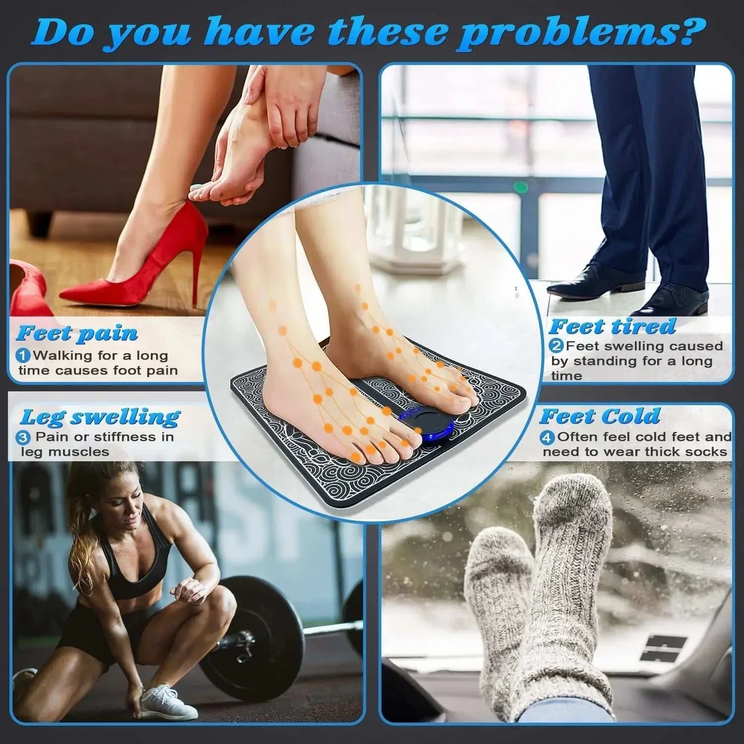 Feet using EMS Foot Massager Mat to relieve foot pain, swelling, fatigue, and coldness.
