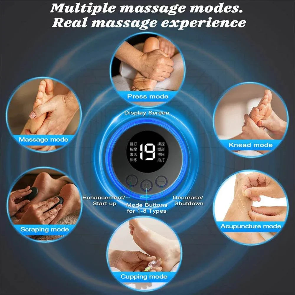 EMS foot massager mat with multiple massage modes including press, knead, acupuncture, scraping, cupping, and massage for muscle stimulation and pain relief