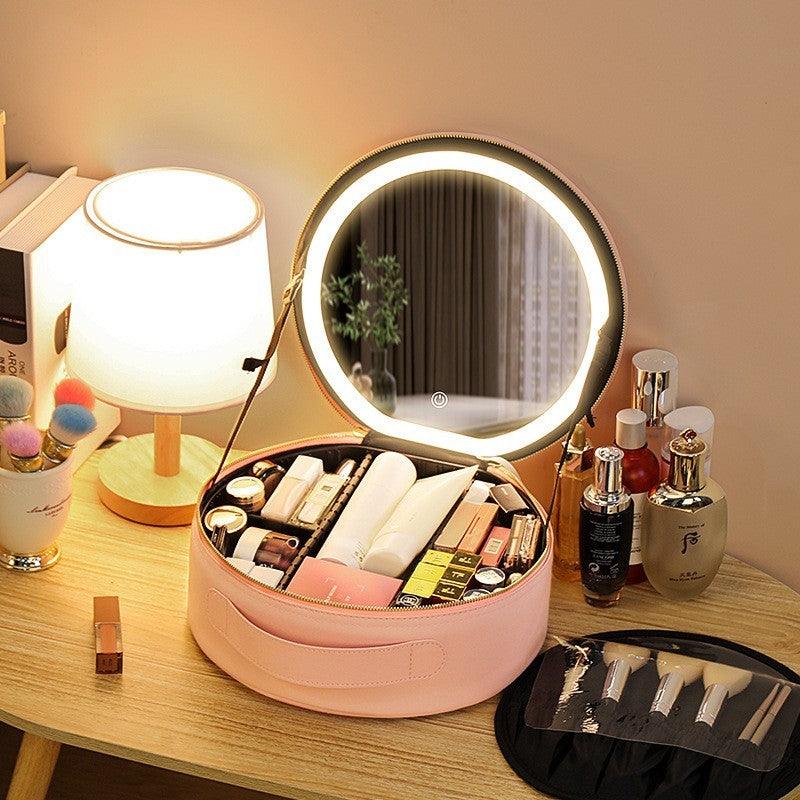 Round Smart LED Makeup Bag with Mirror Lights – Portable Cosmetic Case - Luminessbty