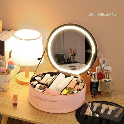 Round Smart LED Makeup Bag with Mirror Lights – Portable Cosmetic Case - Luminessbty