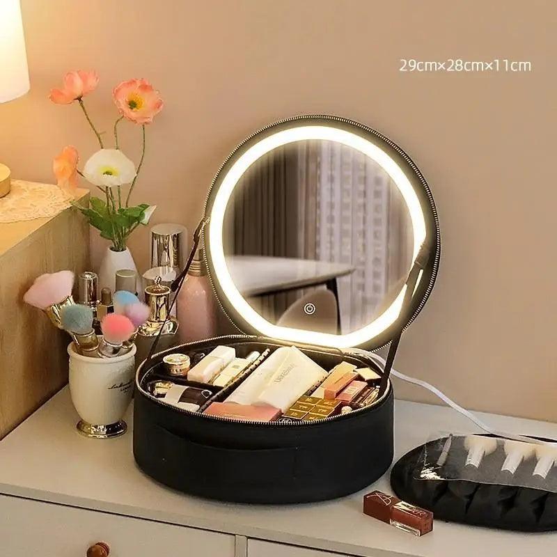 Round Smart LED Makeup Bag with Mirror Lights – Portable Cosmetic Case - Luminessbty