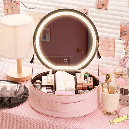 Round Smart LED Makeup Bag with Mirror Lights – Portable Cosmetic Case - Luminessbty