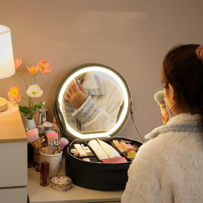 Round Smart LED Makeup Bag with Mirror Lights – Portable Cosmetic Case - Luminessbty