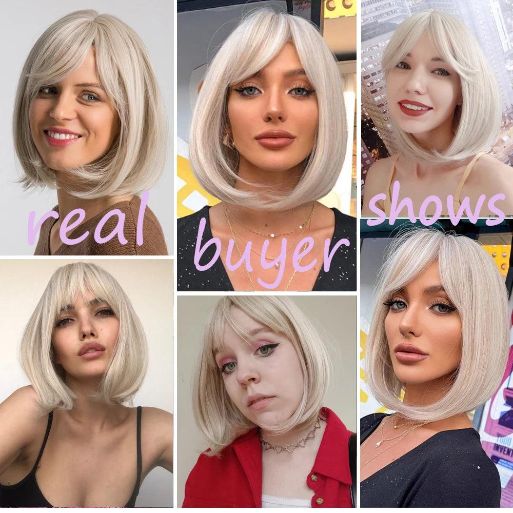 White Blonde Gray Synthetic Wigs with Bangs Short Straight Bob Hair Wig for Women Cosplay Daily Natural Hair Heat Resistant - Luminessbty