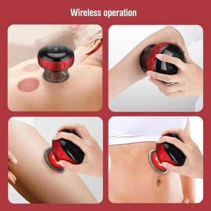 Electric Vacuum Cupping Massage Device demonstrating wireless operation on back, arm, leg, and abdomen for pain relief and muscle relaxation.