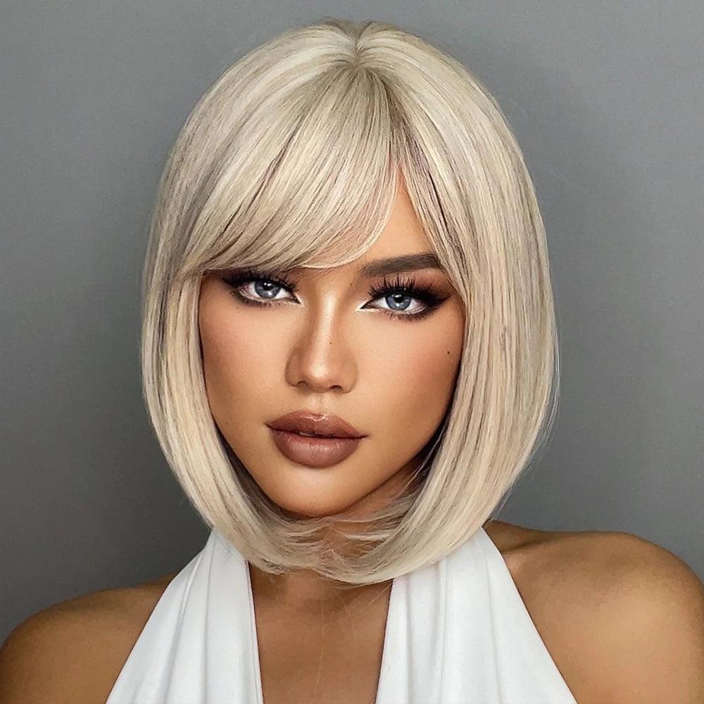 White Blonde Gray Synthetic Wigs with Bangs Short Straight Bob Hair Wig for Women Cosplay Daily Natural Hair Heat Resistant - Luminessbty