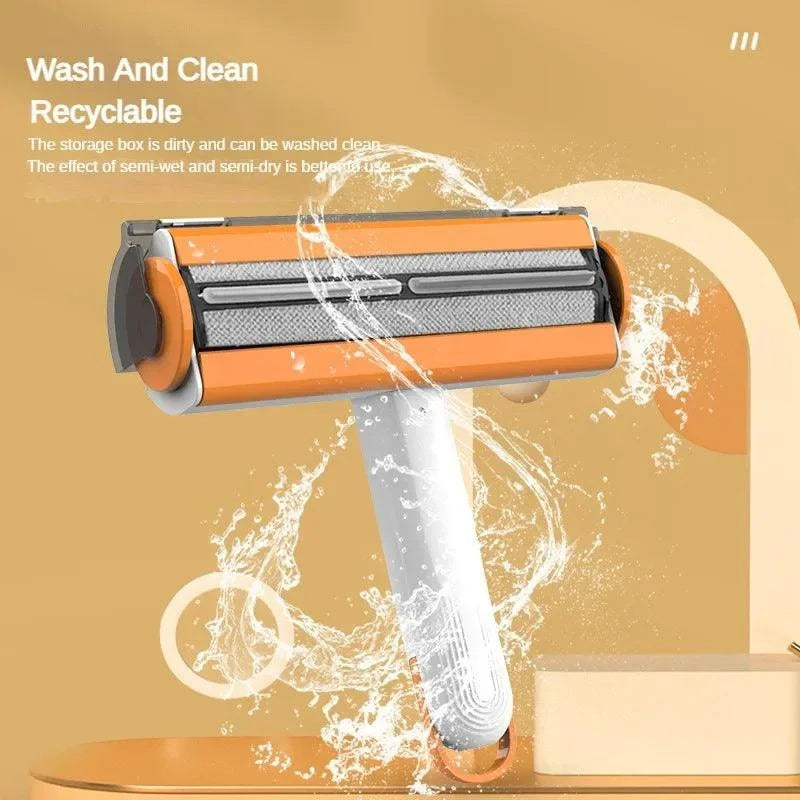 Pet Hair Remover Roller with self-cleaning base and washable design.