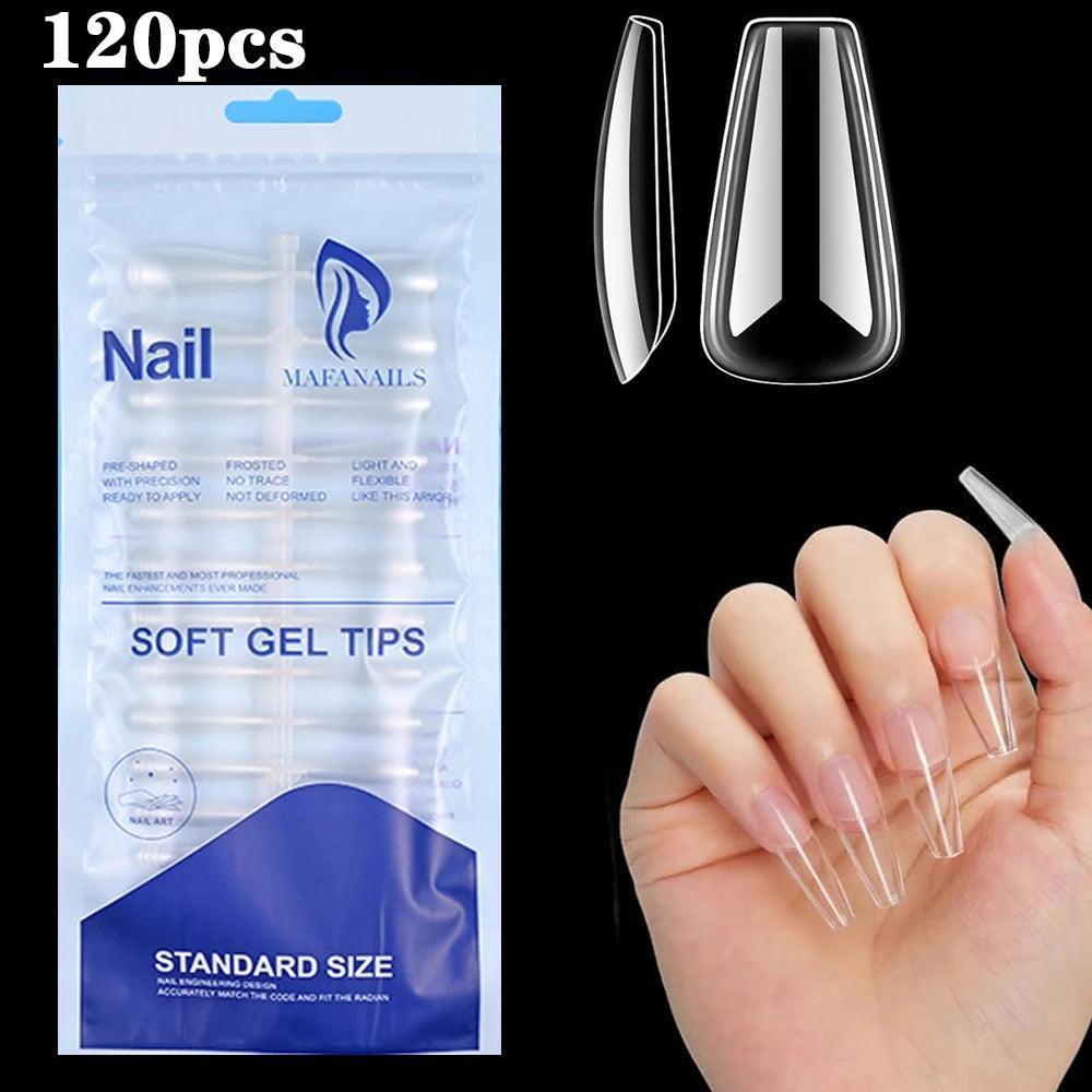 120pcs Clear Coffin Press-On Nails – Long Ballerina Style False Nail Tips with Case | Acrylic Full Cover Nail Set - Luminessbty