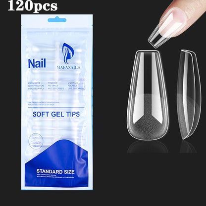 120pcs Clear Coffin Press-On Nails – Long Ballerina Style False Nail Tips with Case | Acrylic Full Cover Nail Set - Luminessbty