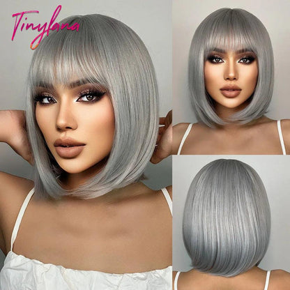 White Blonde Gray Synthetic Wigs with Bangs Short Straight Bob Hair Wig for Women Cosplay Daily Natural Hair Heat Resistant - Luminessbty