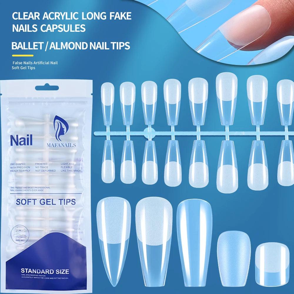 120pcs Clear Coffin Press-On Nails – Long Ballerina Style False Nail Tips with Case | Acrylic Full Cover Nail Set - Luminessbty