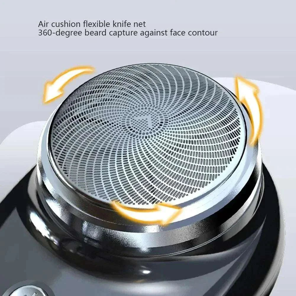 Close-up of Mini Portable Electric Shaver with air cushion flexible knife net for 360-degree beard capture.