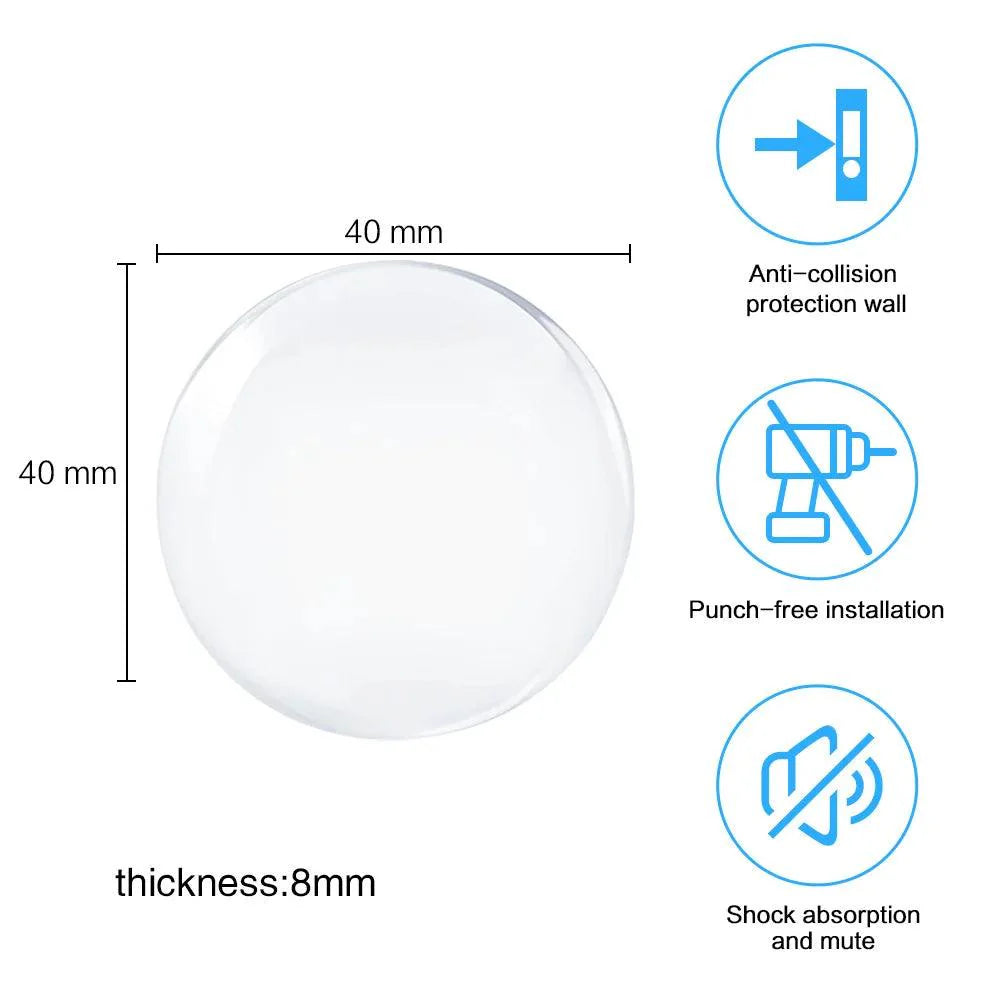 Round transparent soft silicone non-slip door stopper with dimensions 40mm by 8mm, featuring anti-collision, punch-free installation, and shock absorption capabilities.