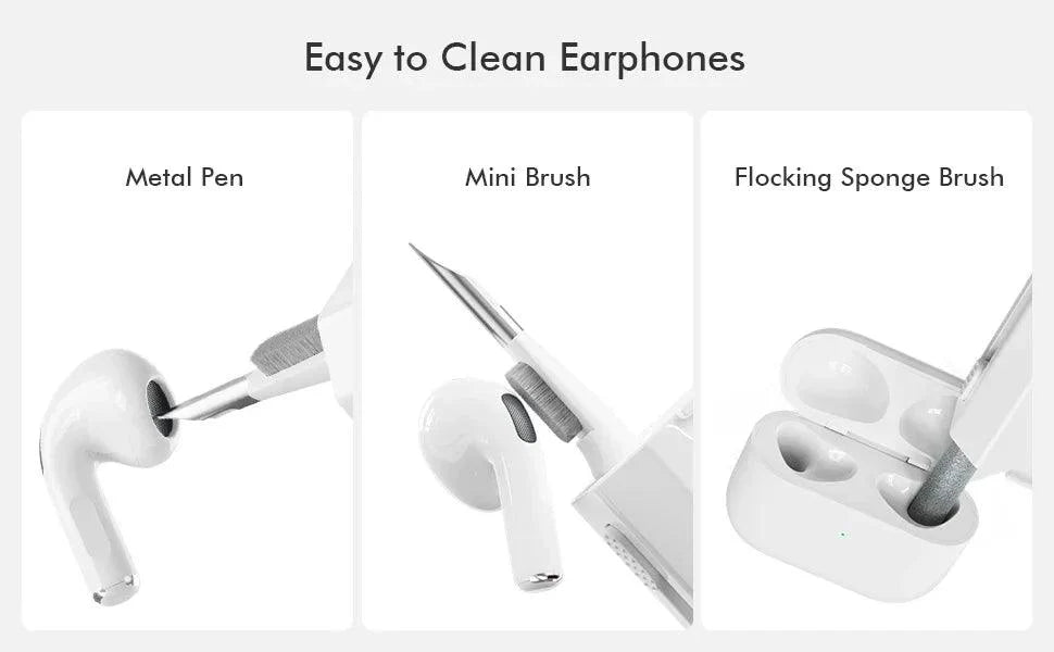 8 In1 Electronic Cleaner Kit for easy cleaning of earphones with metal pen, mini brush, and flocking sponge brush.