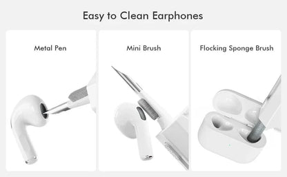 8 In1 Electronic Cleaner Kit for easy cleaning of earphones with metal pen, mini brush, and flocking sponge brush.