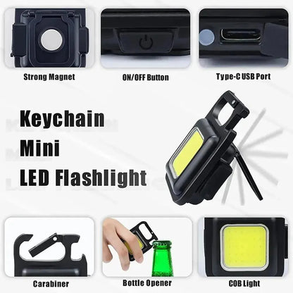 Multifunctional Mini LED Flashlight Keychain with USB recharge, magnet base, bottle opener, and four lighting modes.