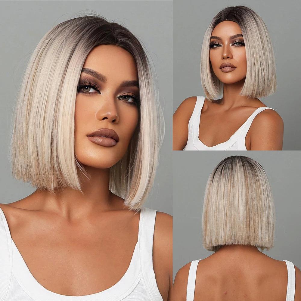 White Blonde Gray Synthetic Wigs with Bangs Short Straight Bob Hair Wig for Women Cosplay Daily Natural Hair Heat Resistant - Luminessbty