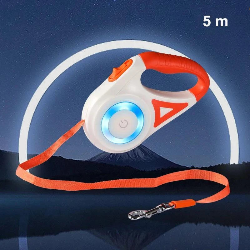 Automatic retractable dog leash with LED light for night walks, 16 ft, ergonomic handle, suitable for all dog sizes.