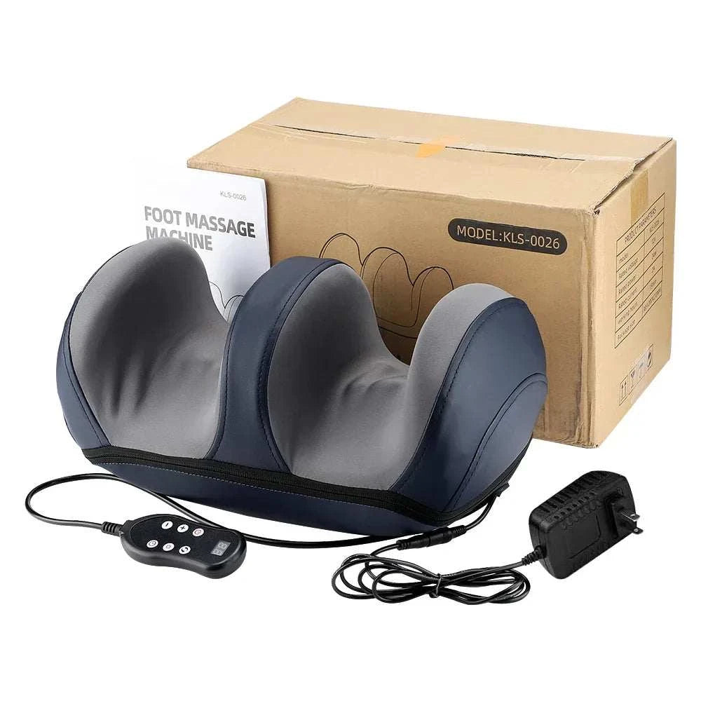 Electric Calf &amp; Foot Massager with remote control, PU leather, and heating function for improved circulation and relaxation.