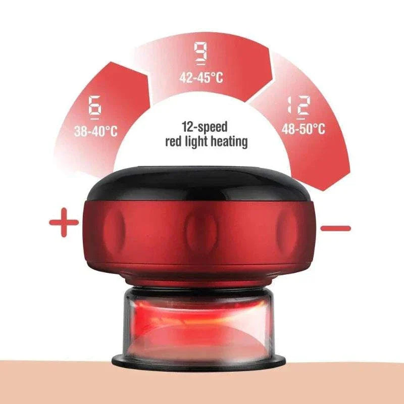 Electric Vacuum Cupping Massage Device with red light heating and adjustable temperature settings for targeted muscle relief.