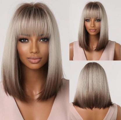 White Blonde Gray Synthetic Wigs with Bangs Short Straight Bob Hair Wig for Women Cosplay Daily Natural Hair Heat Resistant - Luminessbty