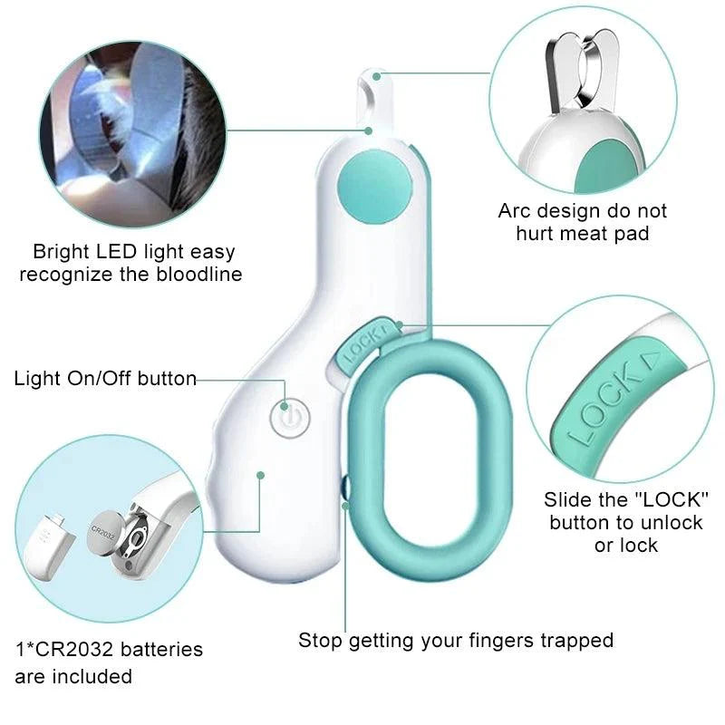 LED Light Pet Nail Clipper with safety lock and stainless steel design for dogs and cats.