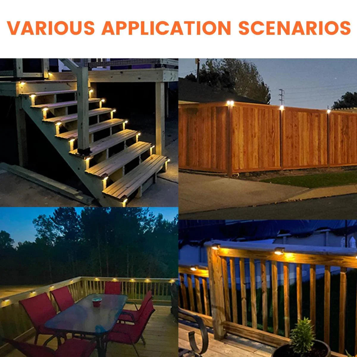 Various application scenarios of garden solar LED lights illuminating outdoor spaces.