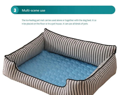 Striped summer pet cold bed with a blue cooling mat for dogs.