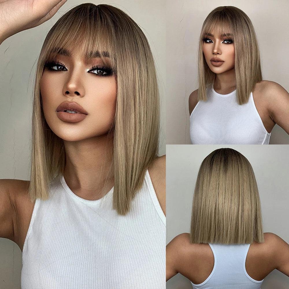 White Blonde Gray Synthetic Wigs with Bangs Short Straight Bob Hair Wig for Women Cosplay Daily Natural Hair Heat Resistant - Luminessbty