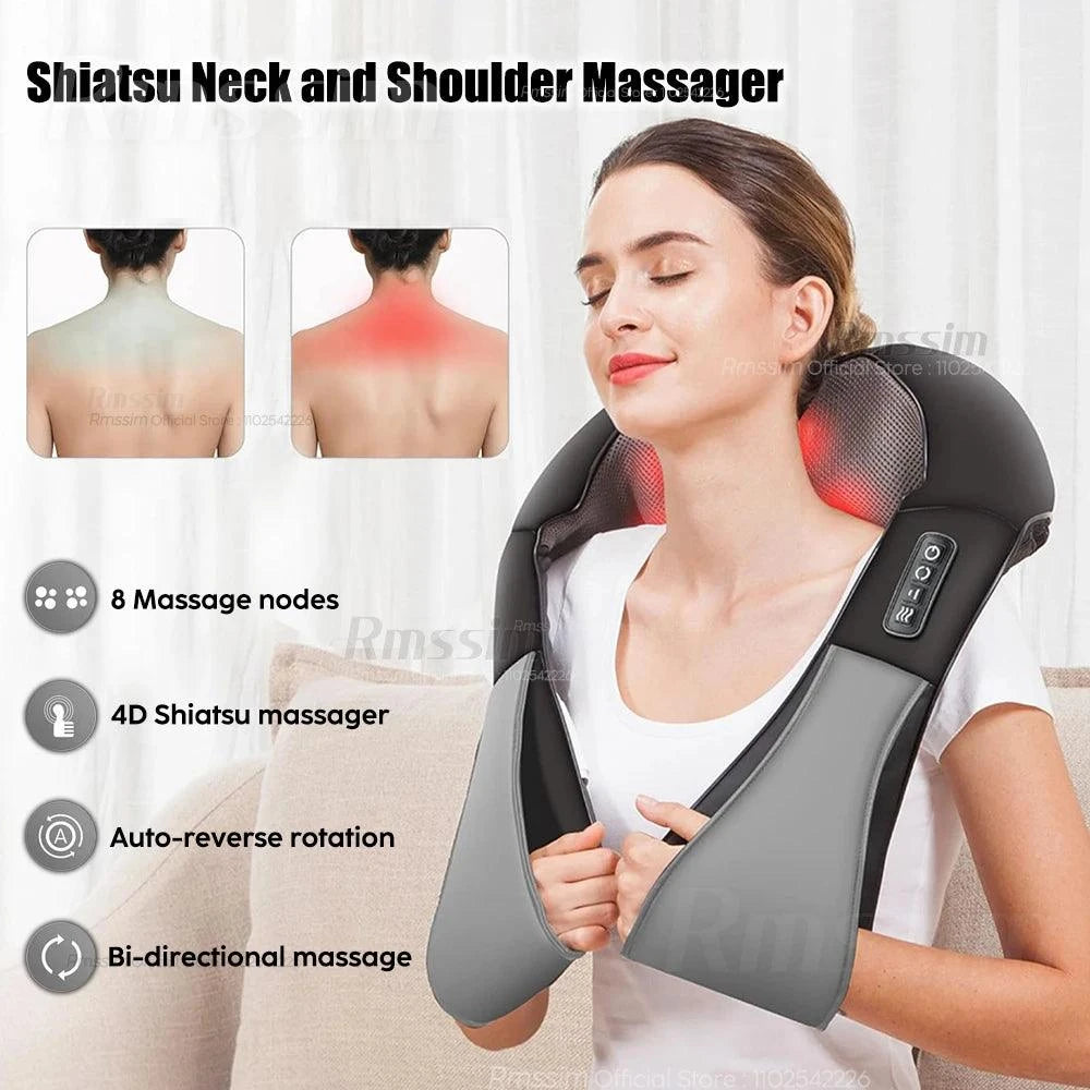 Shiatsu Neck And Back Massager with deep-kneading nodes, adjustable intensity, and heat therapy for relaxation.