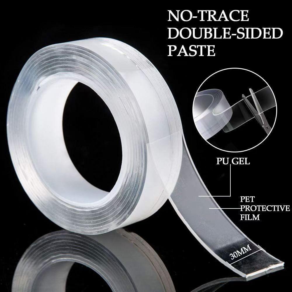 Double-sided adhesive tape roll, no-trace, reusable, strong adhesion.