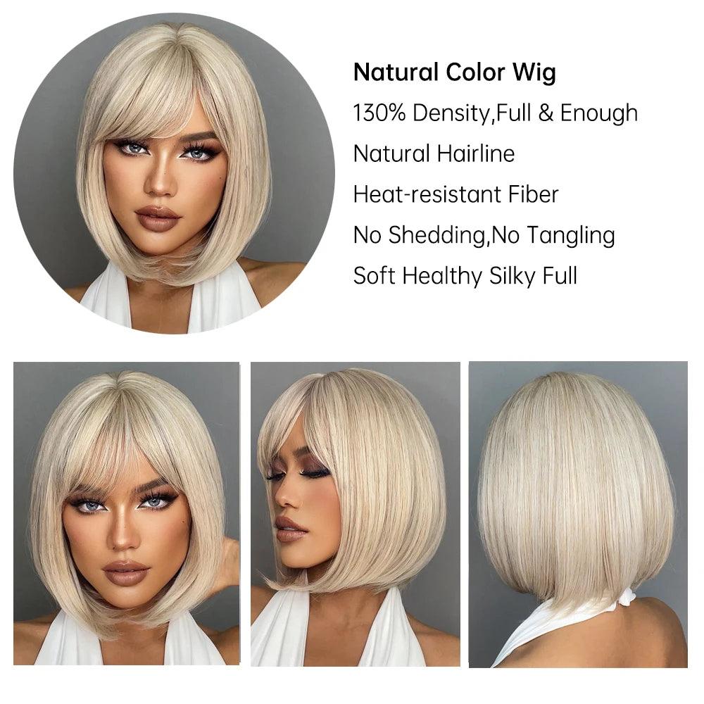 White Blonde Gray Synthetic Wigs with Bangs Short Straight Bob Hair Wig for Women Cosplay Daily Natural Hair Heat Resistant - Luminessbty