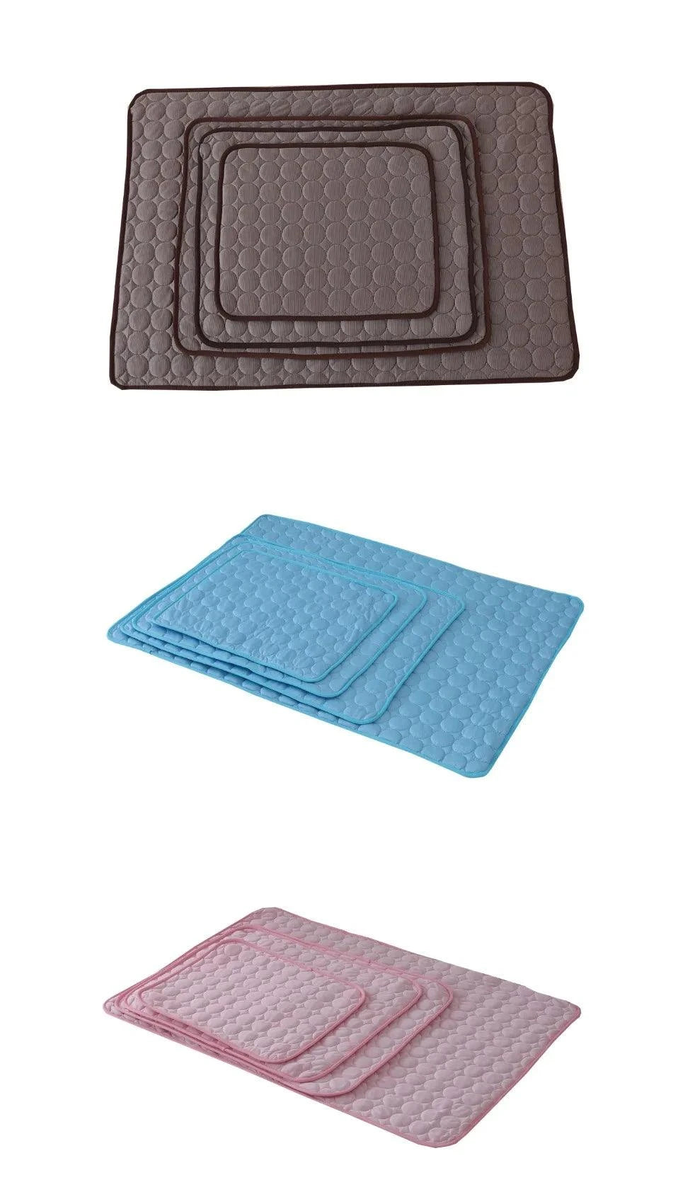 Cooling pet bed mats in brown, blue, and pink for summer comfort.