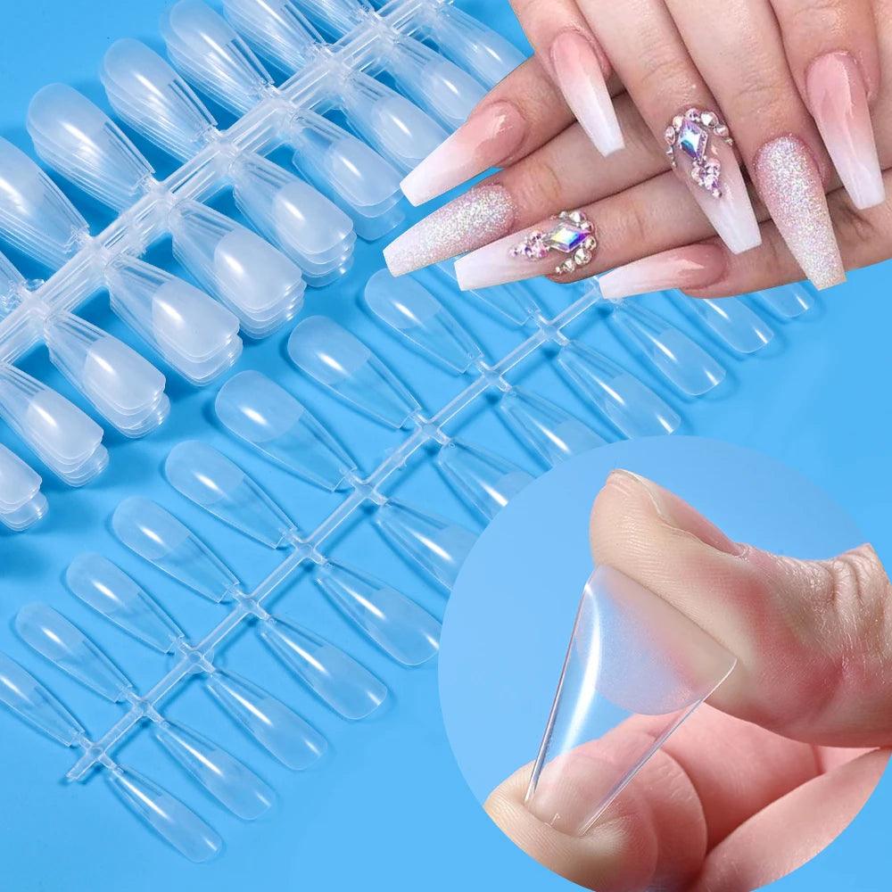 120pcs Clear Coffin Press-On Nails – Long Ballerina Style False Nail Tips with Case | Acrylic Full Cover Nail Set - Luminessbty