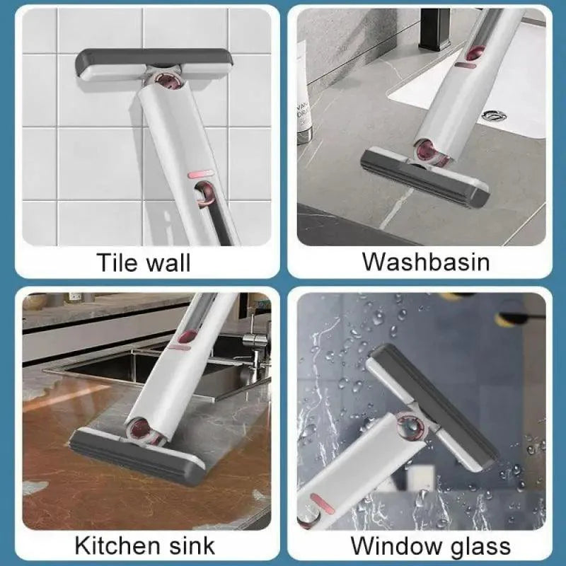 Self-squeezing floor washing mop cleaning tile wall, washbasin, kitchen sink, and window glass.