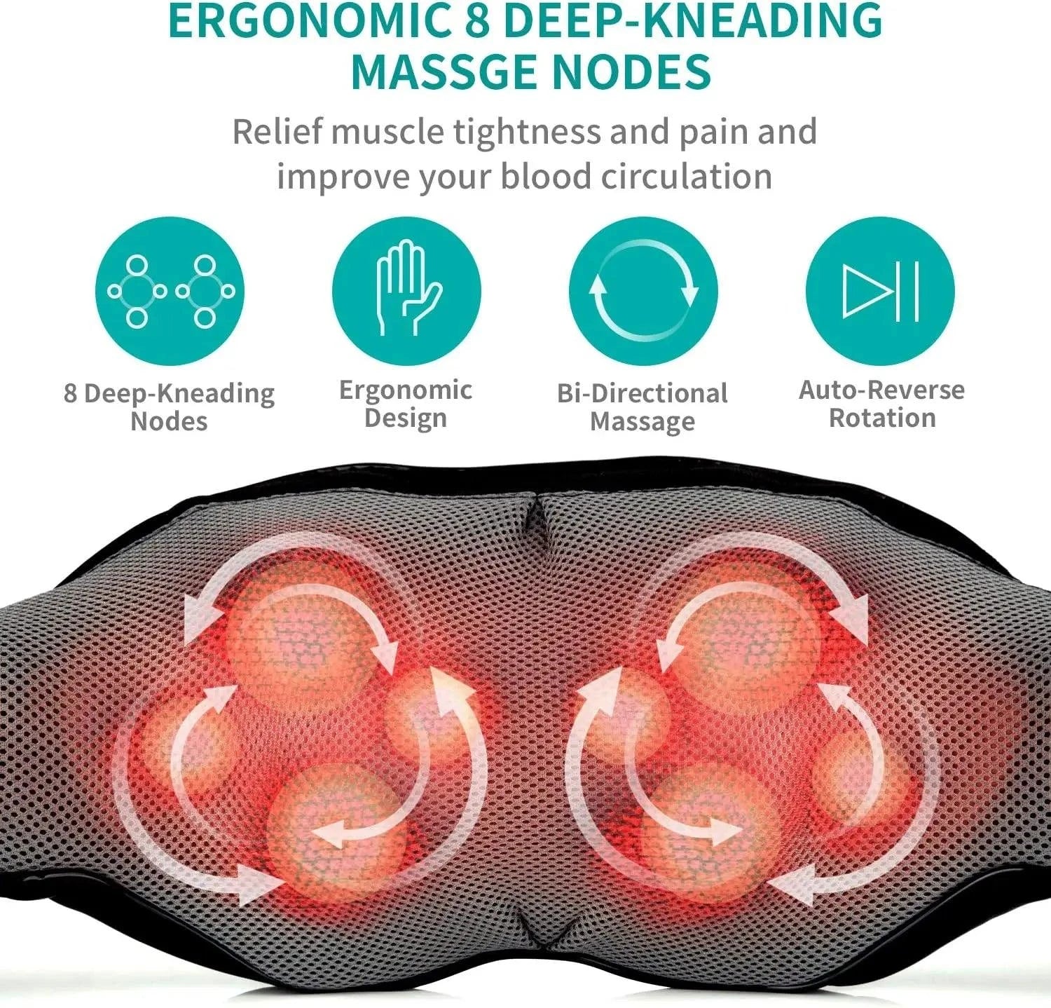 Shiatsu Neck and Back Massager with ergonomic 8 deep-kneading nodes for muscle relaxation and improved blood circulation.