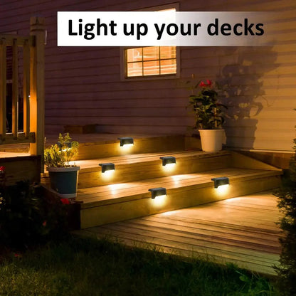 Solar LED lights illuminating garden steps at night