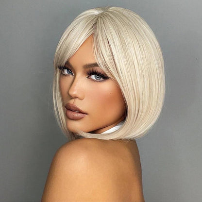 White Blonde Gray Synthetic Wigs with Bangs Short Straight Bob Hair Wig for Women Cosplay Daily Natural Hair Heat Resistant - Luminessbty