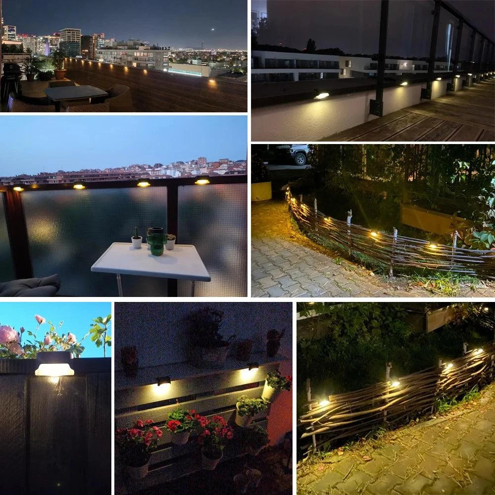 Garden Solar LED Lights illuminating various outdoor spaces with warm and white hues, showcasing durability and energy efficiency.