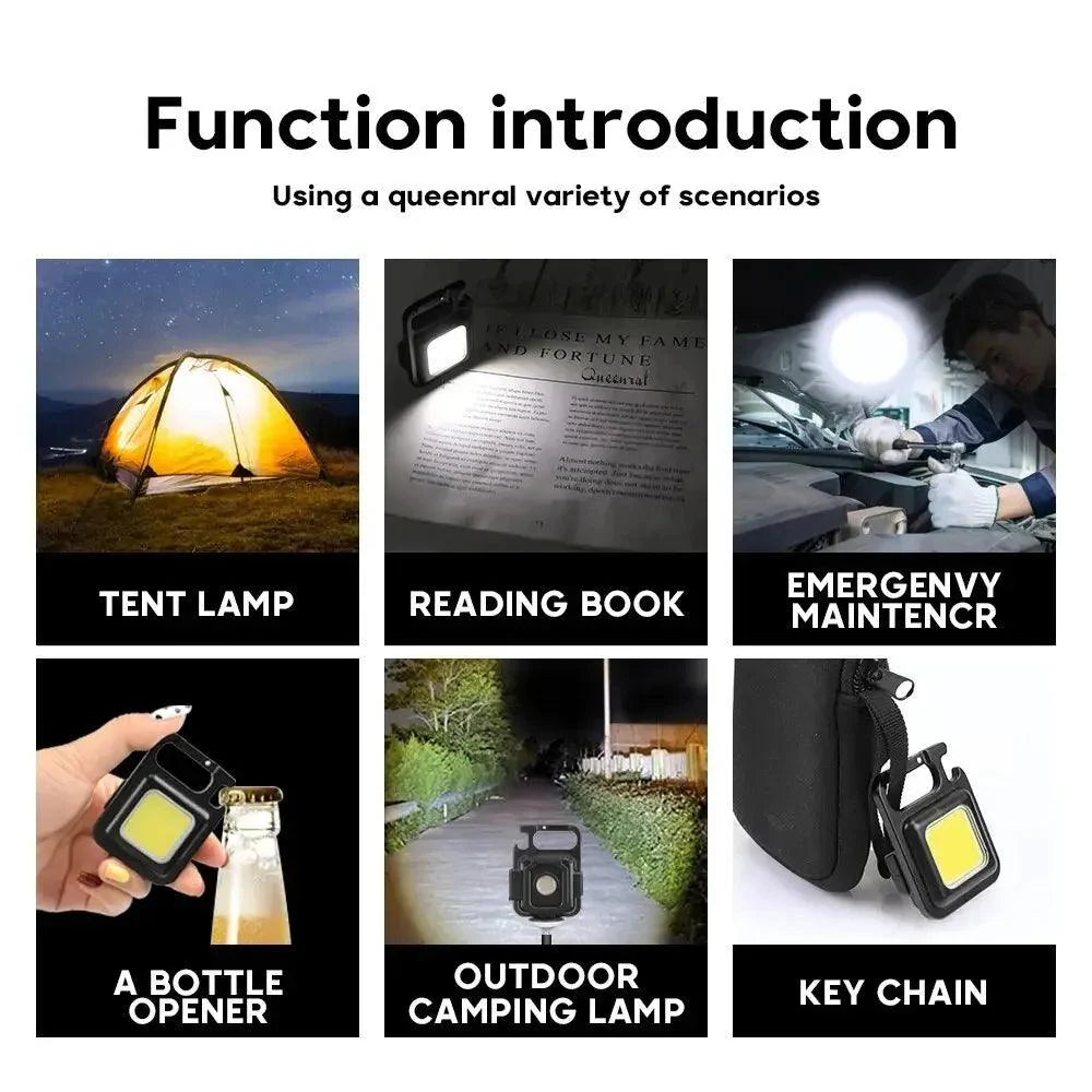 Multifunctional Mini LED Flashlight Keychain with magnetic base, bottle opener, and four lighting modes.