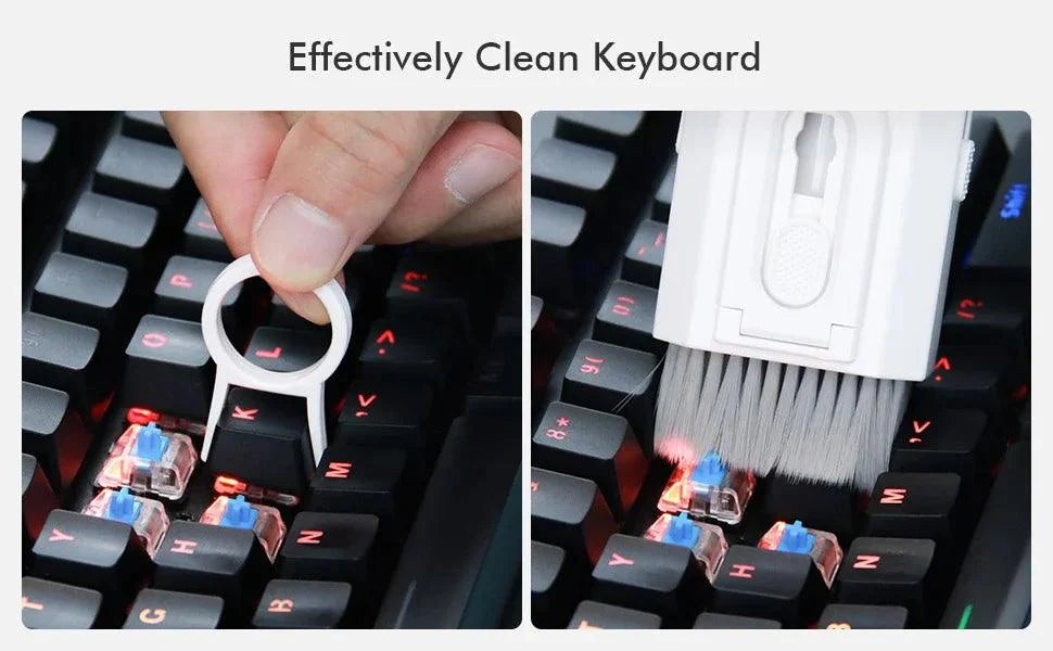 Cleaning a keyboard effectively with the 8 In1 Electronic Cleaner Kit, featuring a keycap remover and soft brush.