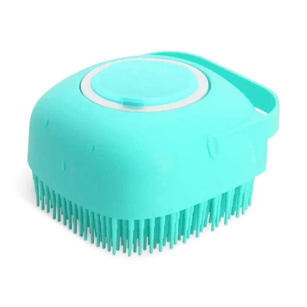 Dog Bath Brush with soft silicone bristles and built-in shampoo dispenser.