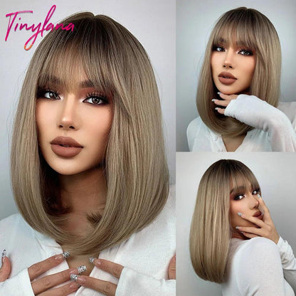 White Blonde Gray Synthetic Wigs with Bangs Short Straight Bob Hair Wig for Women Cosplay Daily Natural Hair Heat Resistant - Luminessbty