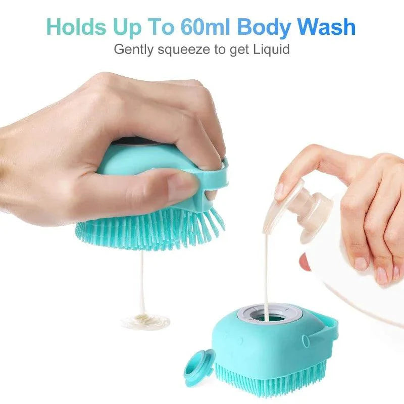 Dog Bath Brush with built-in shampoo dispenser and soft silicone bristles for effective pet grooming.