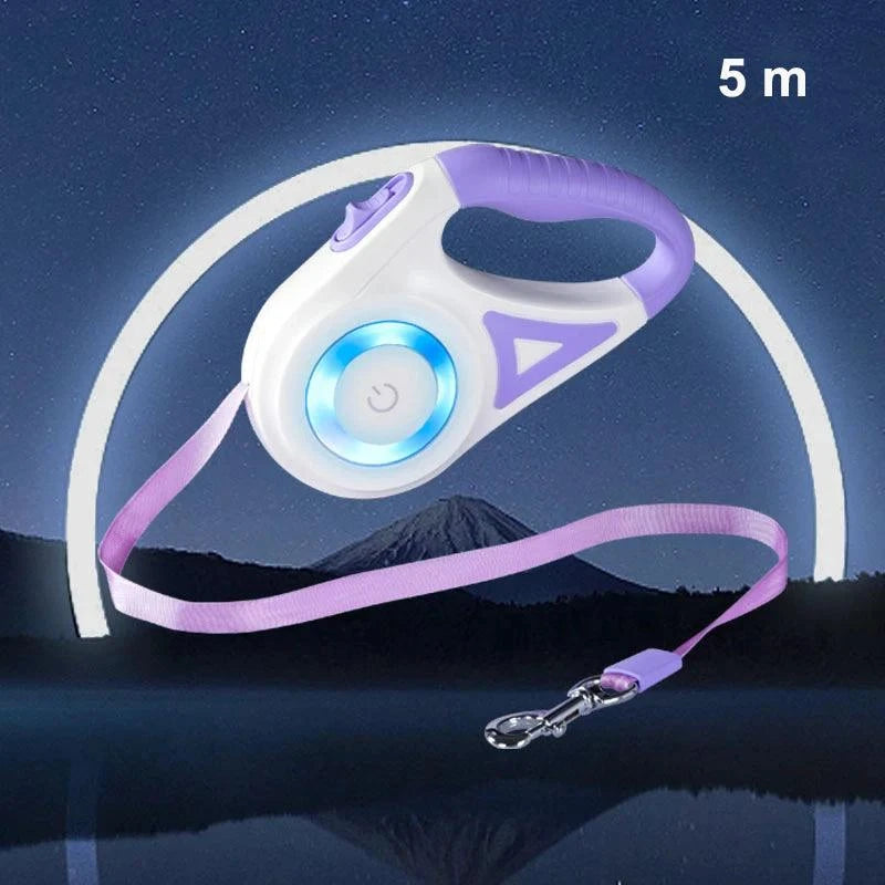 Automatic retractable dog leash with LED light, 16 ft length, ergonomic handle.