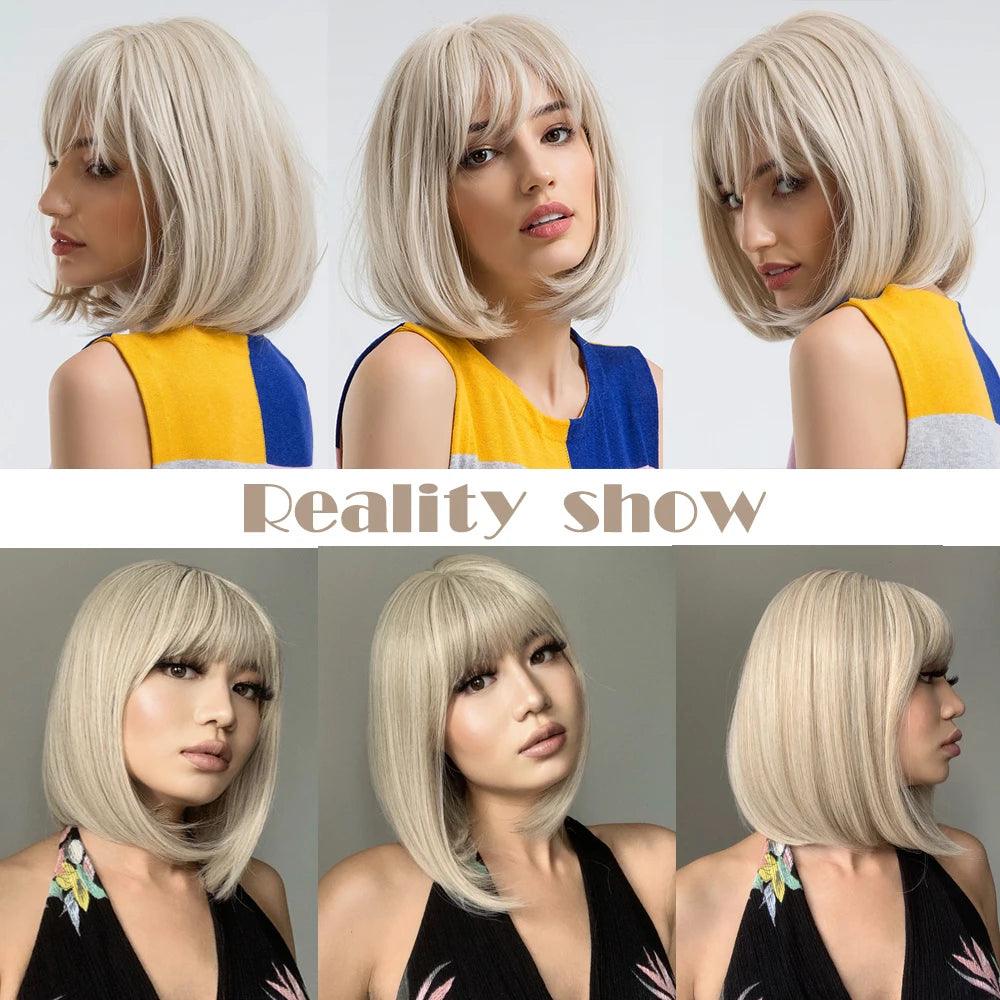 White Blonde Gray Synthetic Wigs with Bangs Short Straight Bob Hair Wig for Women Cosplay Daily Natural Hair Heat Resistant - Luminessbty