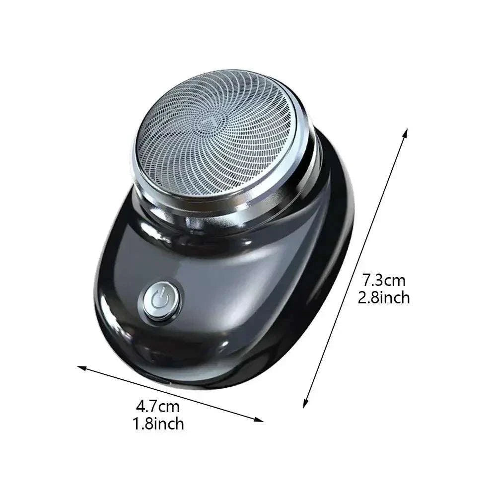 Compact black Mini Portable Electric Shaver with dimensions marked, ideal for travel grooming.