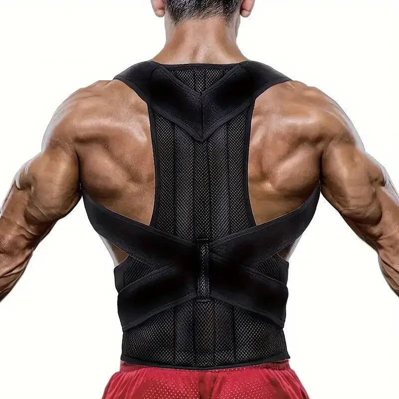 Posture Corrector Back Brace for Lumbar Support on muscular person, showing ergonomic design and adjustable straps.