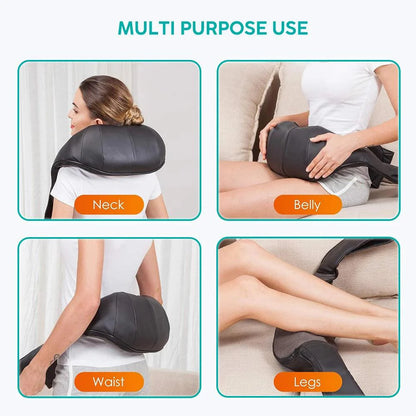 Shiatsu neck and back massager with multi-purpose use for neck, belly, waist, and legs.