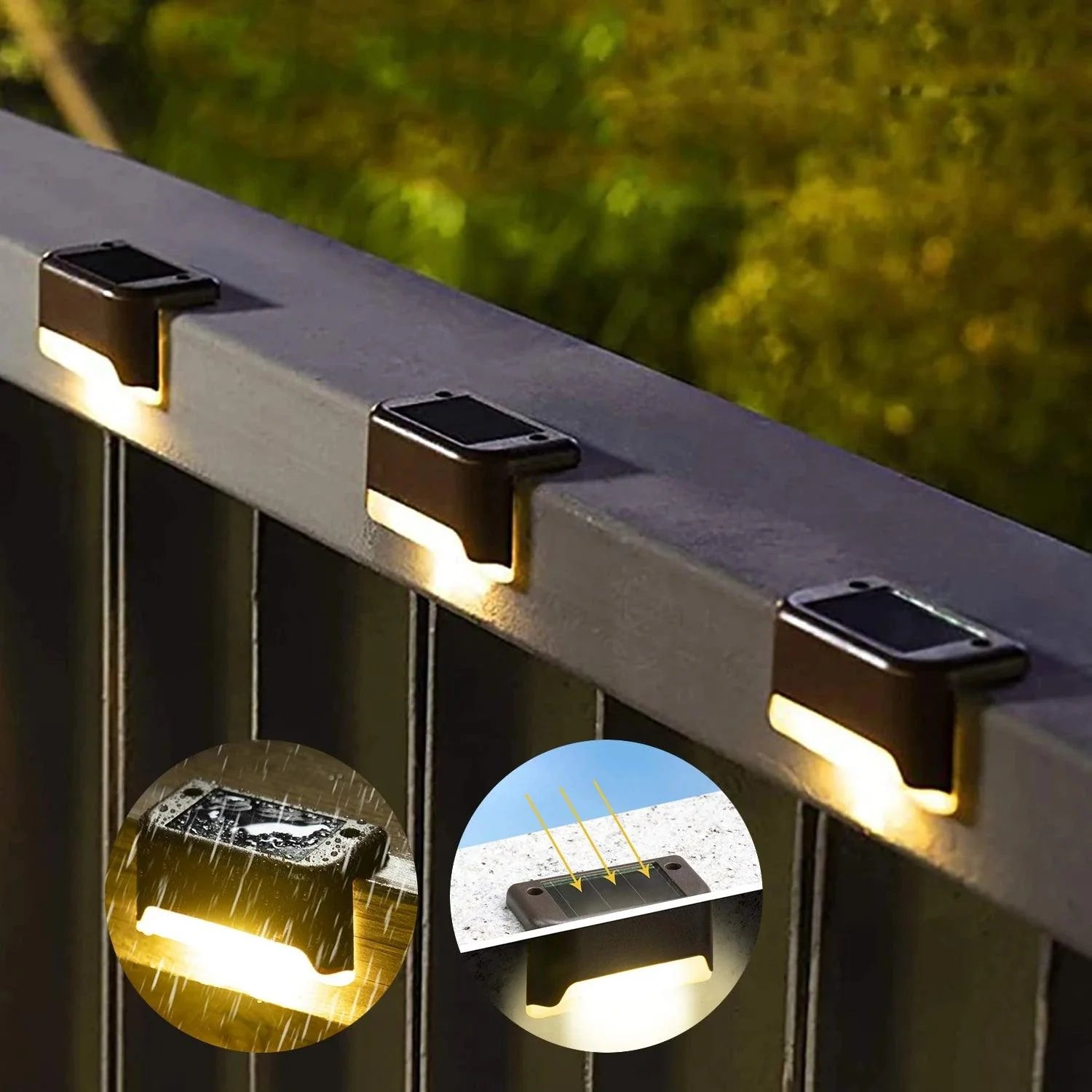 Garden Solar LED Lights illuminating a garden fence with warm white glow, weatherproof design.